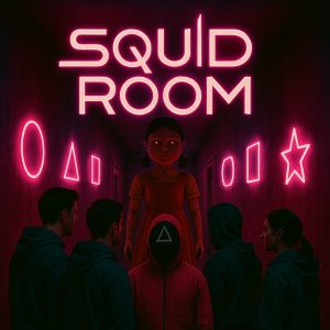 Giocatori in un corridoio fucsia con simboli al neon osservano la bambola gigante di Squid Game, nella Squid Room a Cagliari