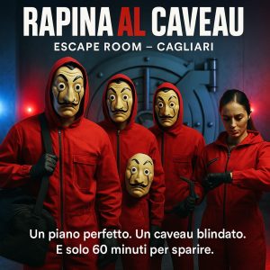 Quattro rapinatori con tute rosse e maschere di Dalí davanti a un caveau blindato, escape room Rapina al Caveau a Cagliari