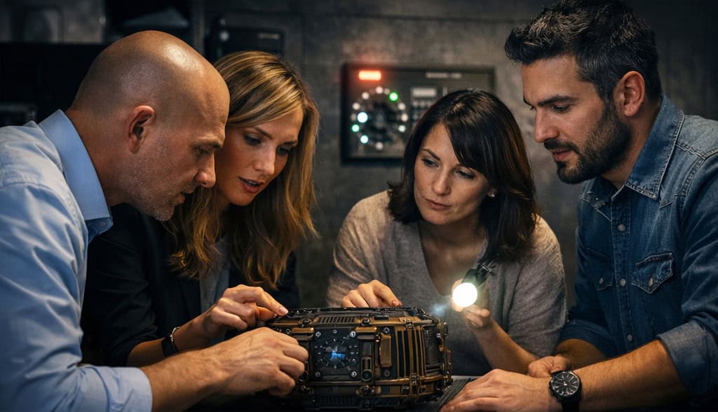 Team building in escape room: team di adulti che collabora su un enigma